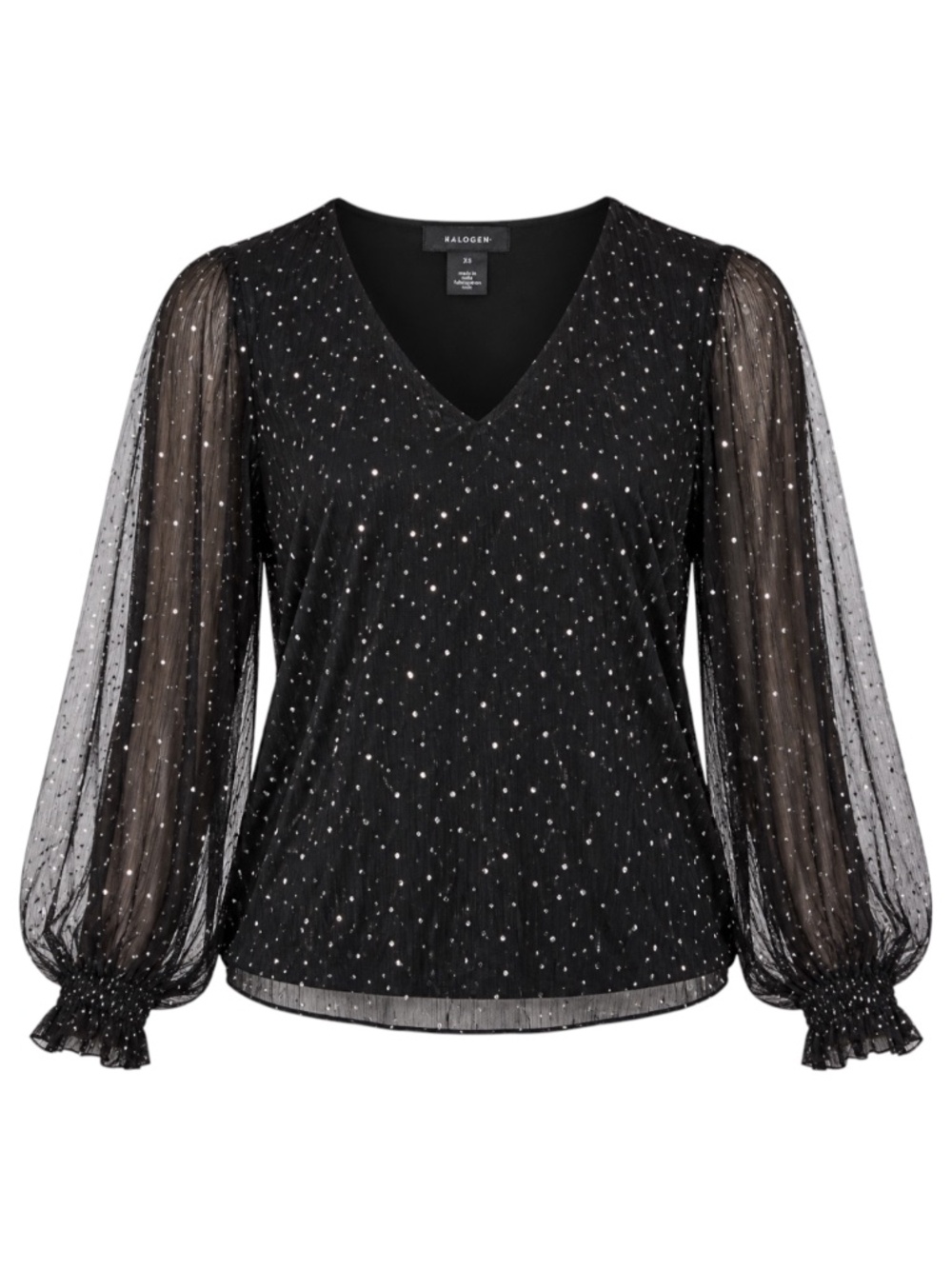 Halogen Sequin V-Neck Blouse Black XS Sheer Sleeve Party Top NWOT